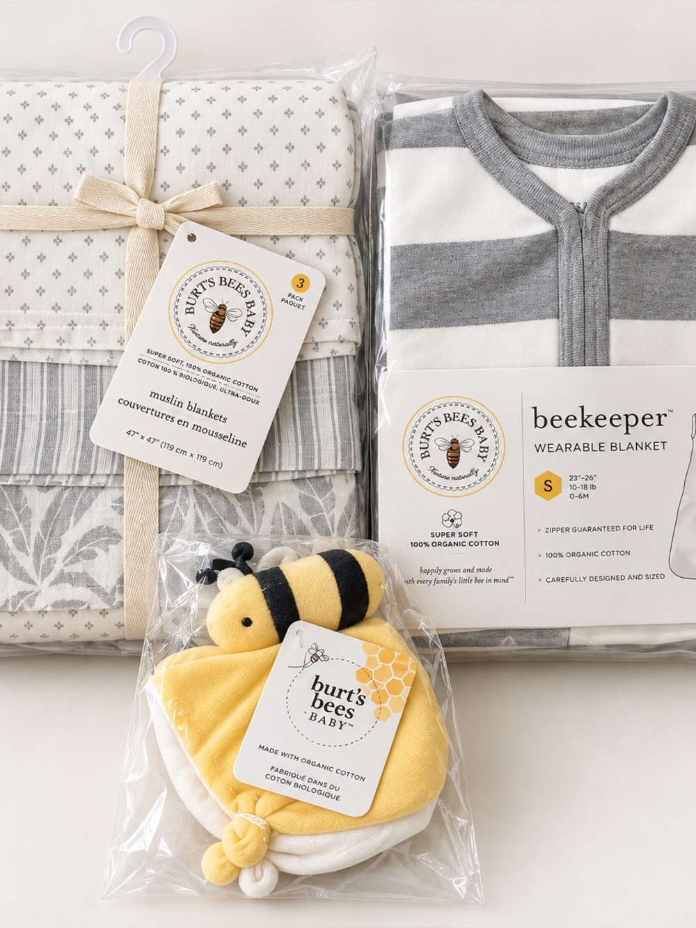 Newborn Gift Set Burt's Bees Baby Organic Muslin Blankets 3 pk Wearable Blanket